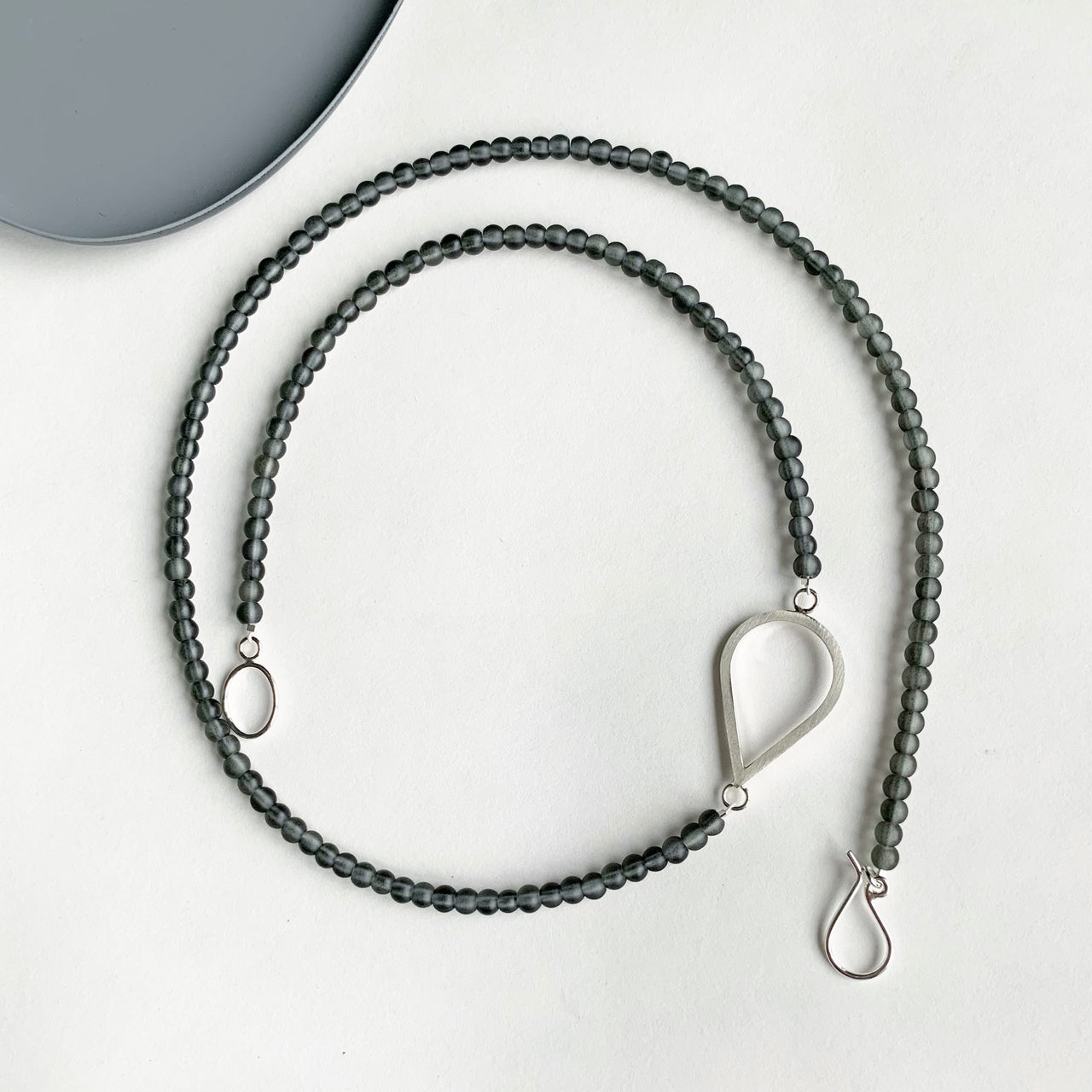Grey Glass Bead & Silver Teardrop Necklace