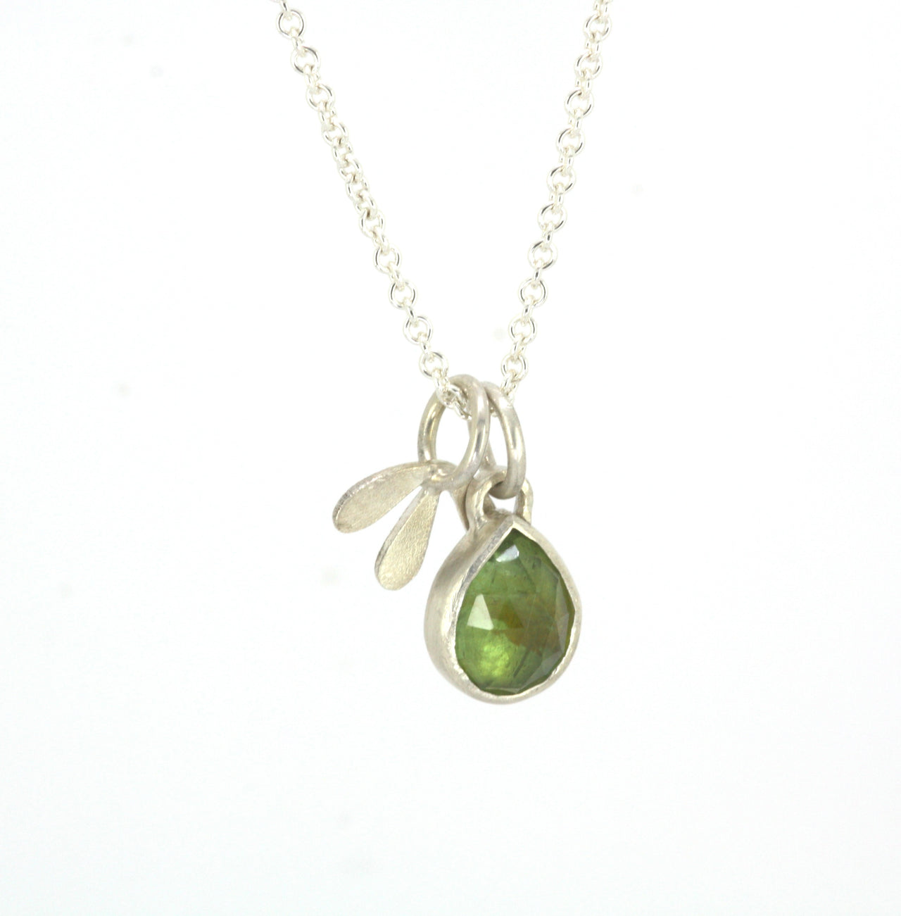 Green Tourmaline and Leaf Silver Necklace