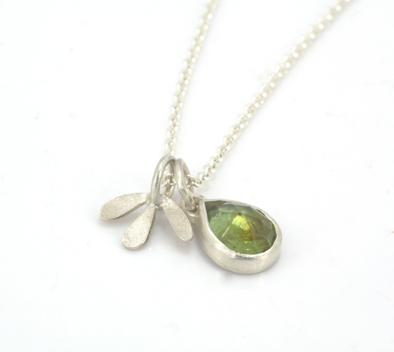 Green Tourmaline and Leaf Silver Necklace