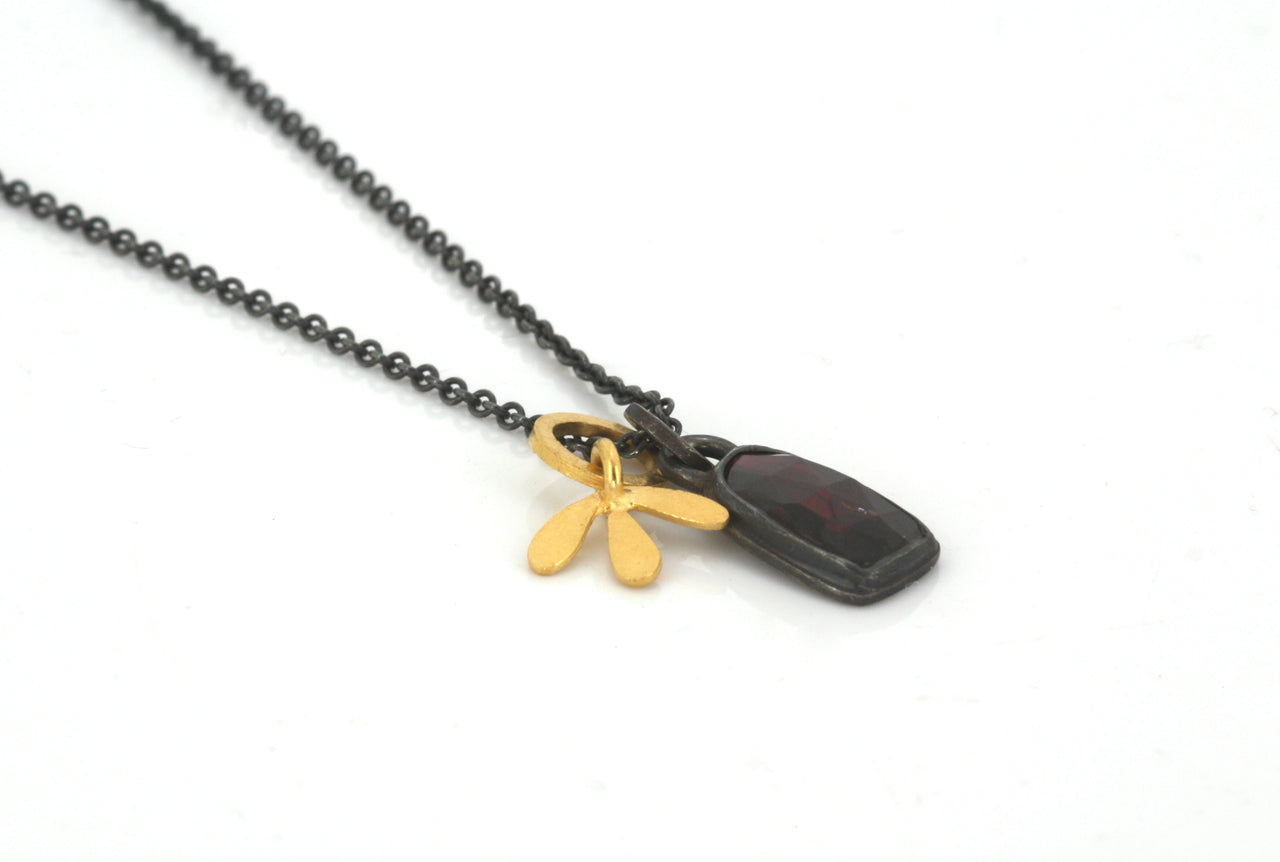 Garnet and Gold Plated Leaf Oxidised Necklace