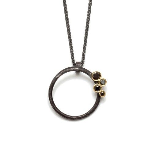 Oxidised Silver Hoop Pendant with Black Diamonds
