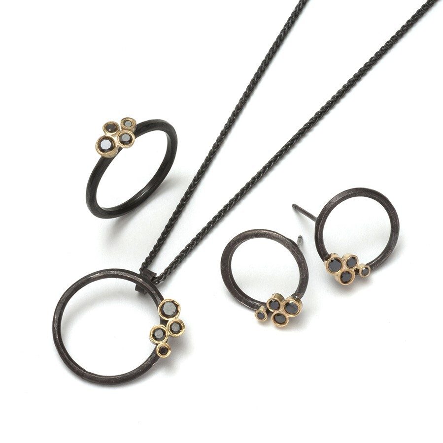 Oxidised Silver Hoop Pendant with Black Diamonds