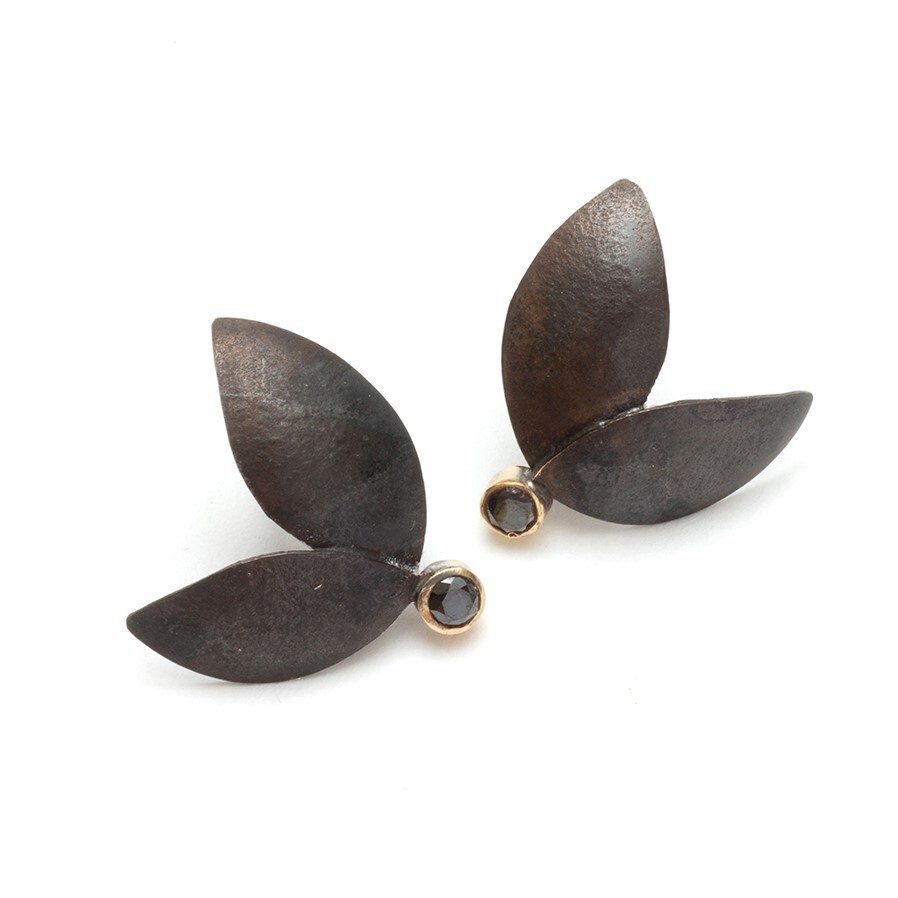 Oxidised Leaf Stud with Black Diamonds