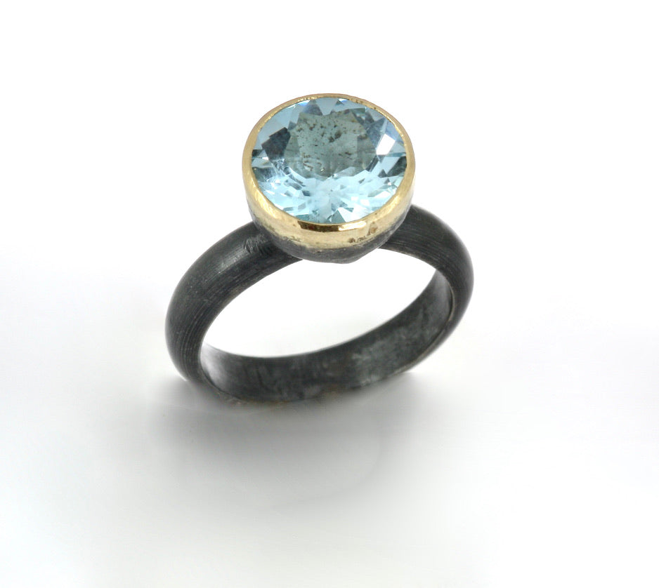 Oxidised Silver, Gold & Blue Topaz Ring