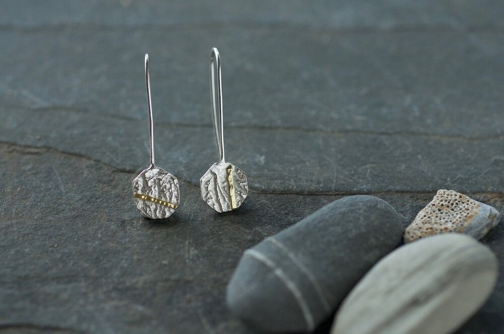 Textured Hexagon Silver Earrings with Gold Seams