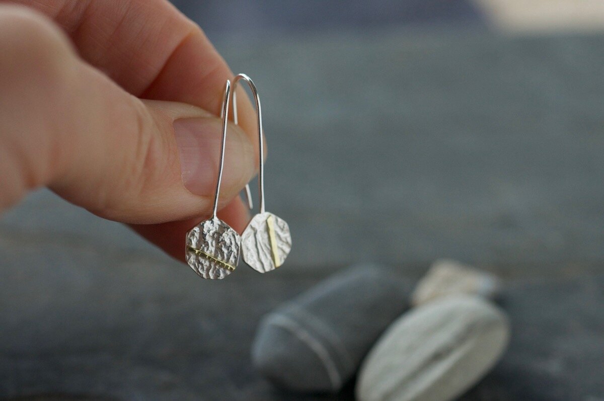 Textured Hexagon Silver Earrings with Gold Seams