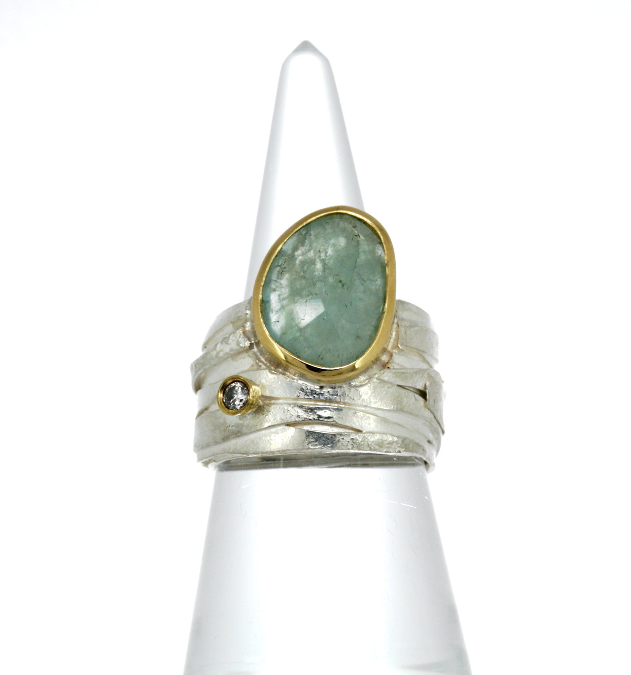 Silver wrap ring with aquamarine and diamond
