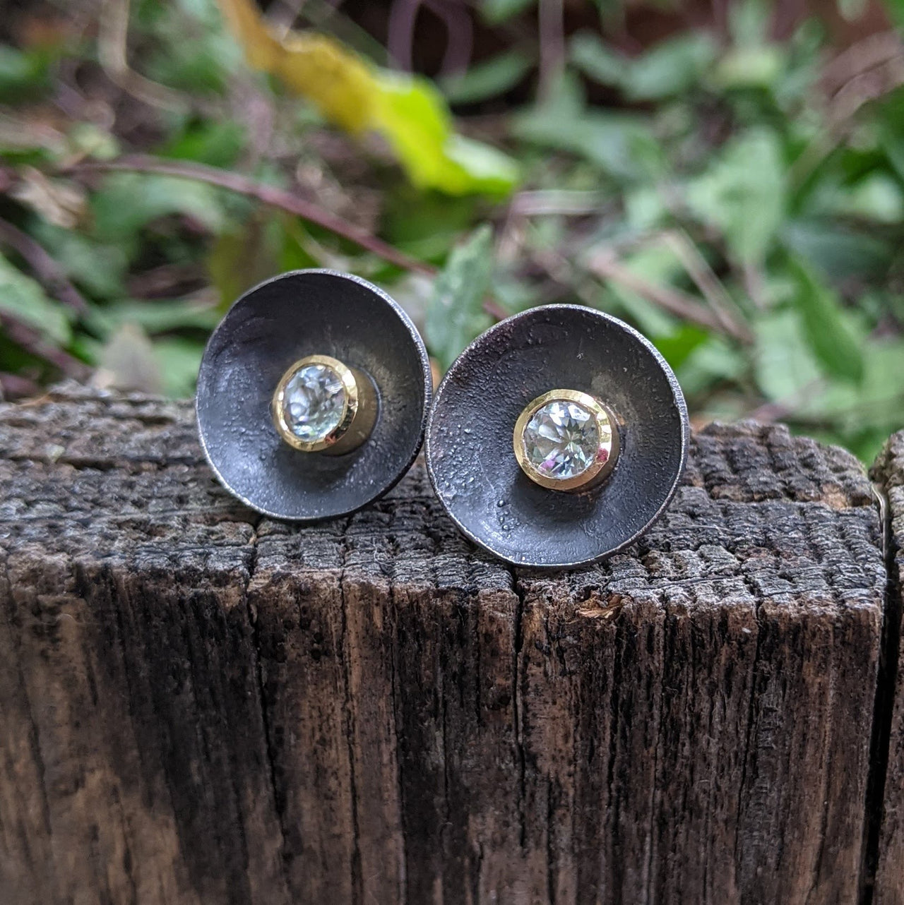 Oxidised Daisy Studs with Blue Topaz