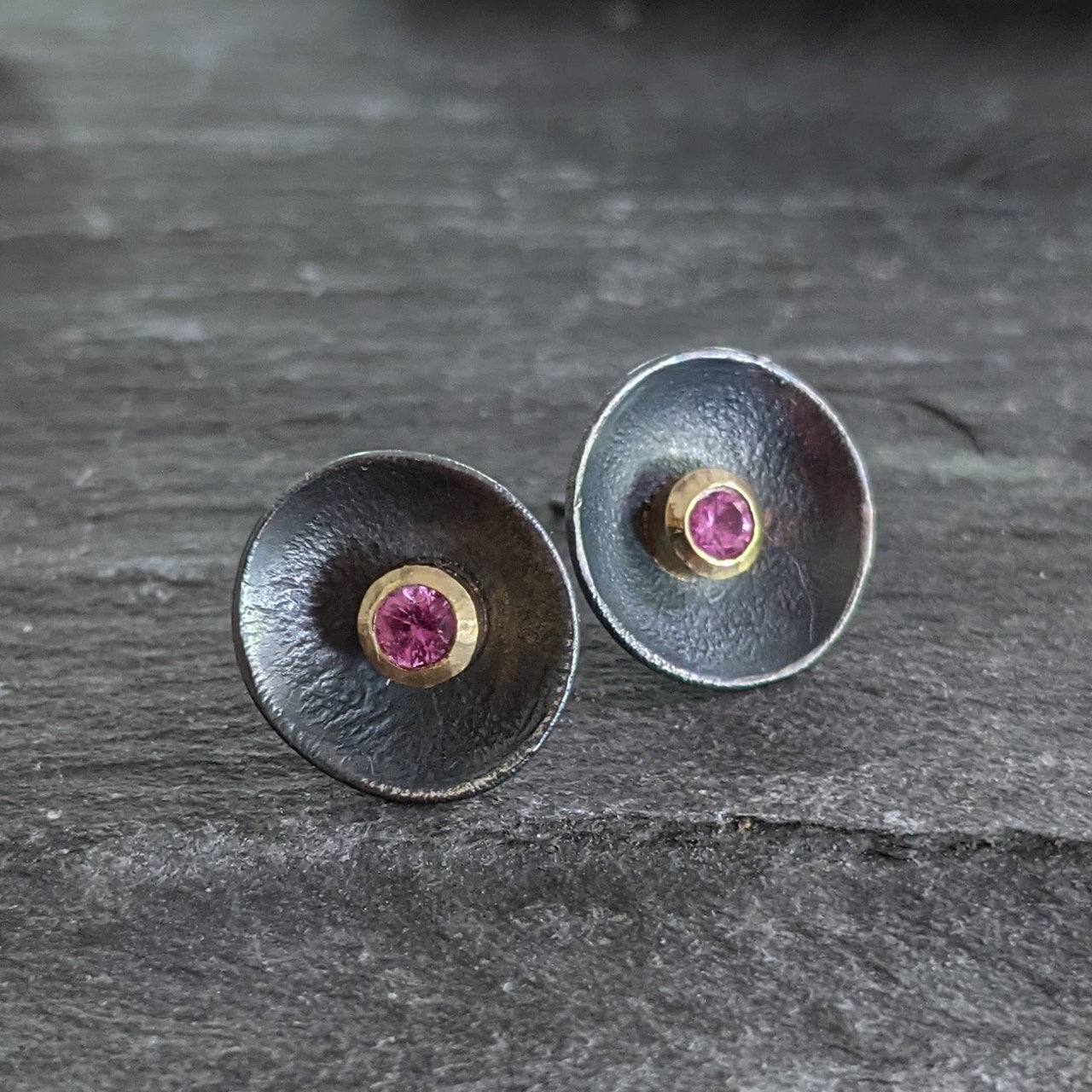 Oxidised Daisy Studs with Pink Tourmaline