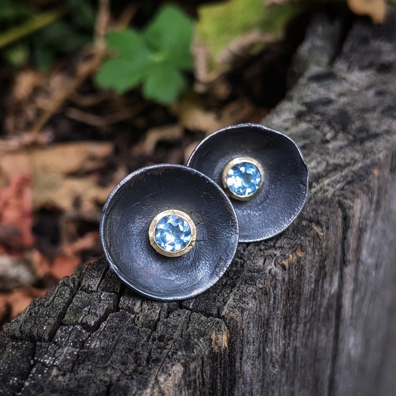 Oxidised Daisy Studs with Blue Topaz