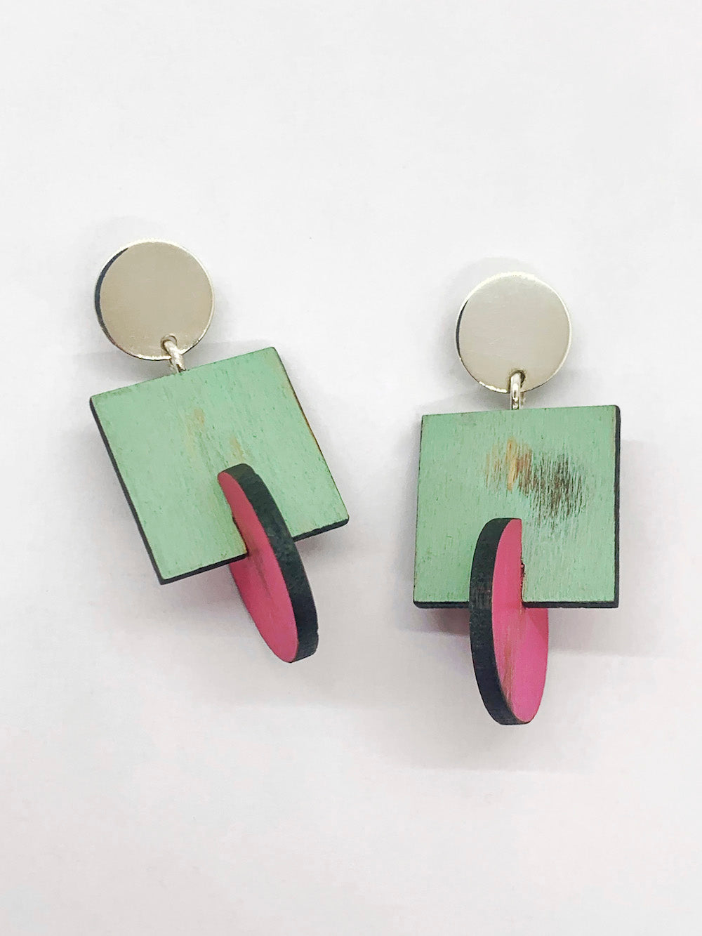 Square & Round Green & Pink Earrings