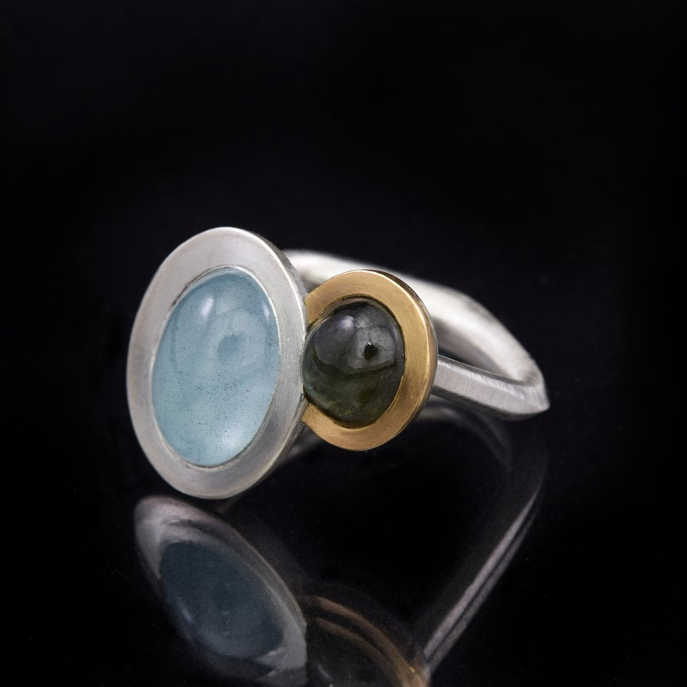 Aquamarine and Green Sapphire Companion Ring