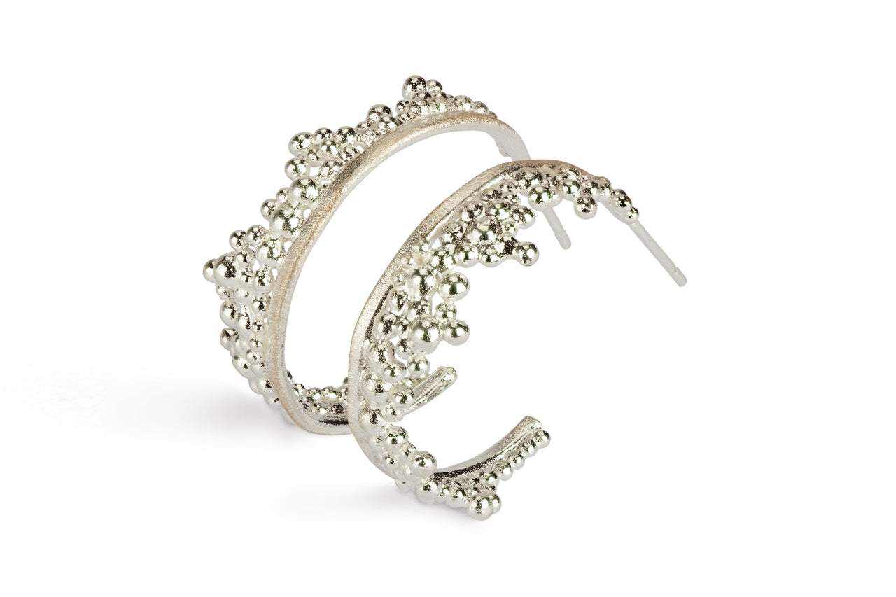 Crown Granule Silver Hoop Earrings