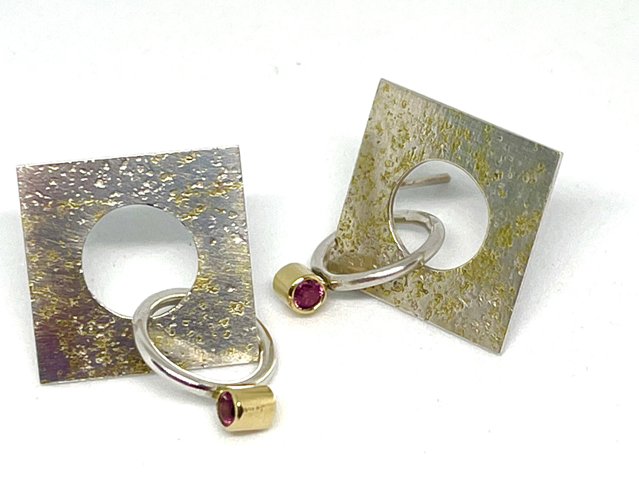 Square Silver, 18ct Gold and Pink Tourmaline Stud Earrings