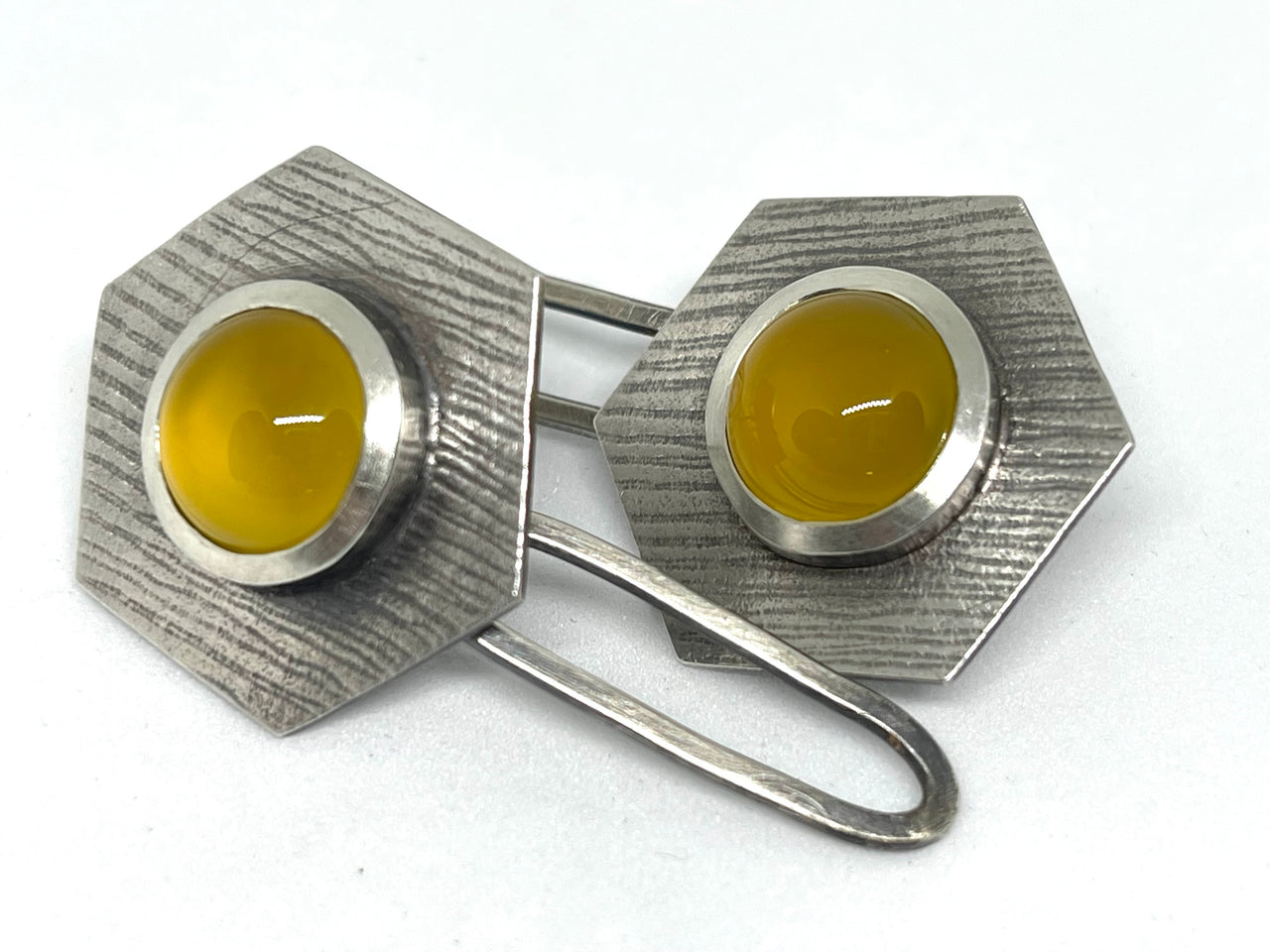 Hexagonal Silver and Mango Chalcedony Earrings