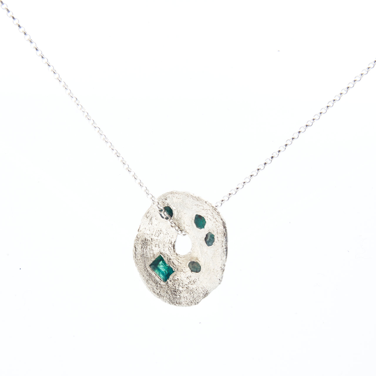 Silver Circle Pendant with Emeralds