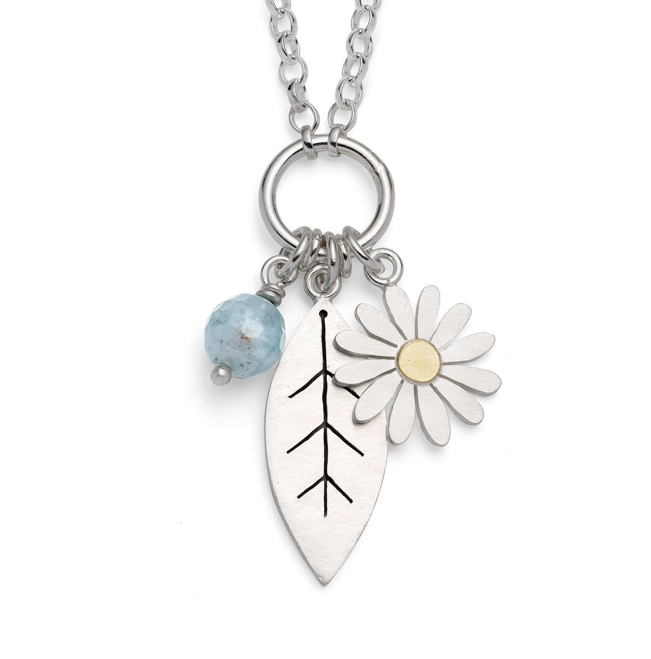 Sterling Silver Charm Pendant, with Silver, 18ct Gold & Aquamarine Charms