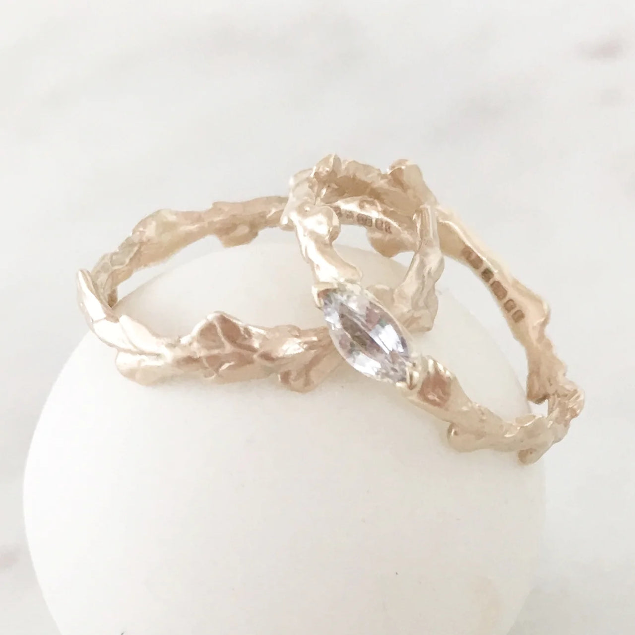 Conifer Leaf Band Ring with White Sapphire