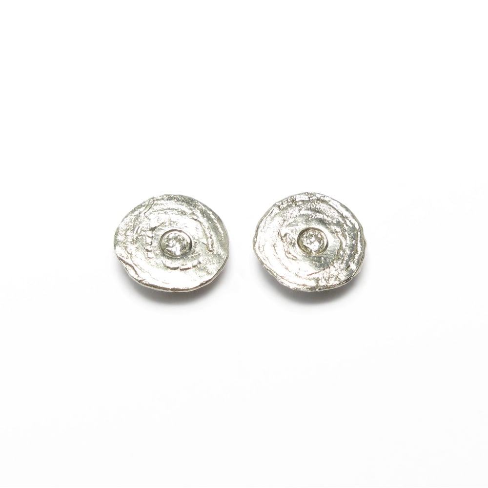 Round Textured Sterling Silver & Diamond Stud Earrings
