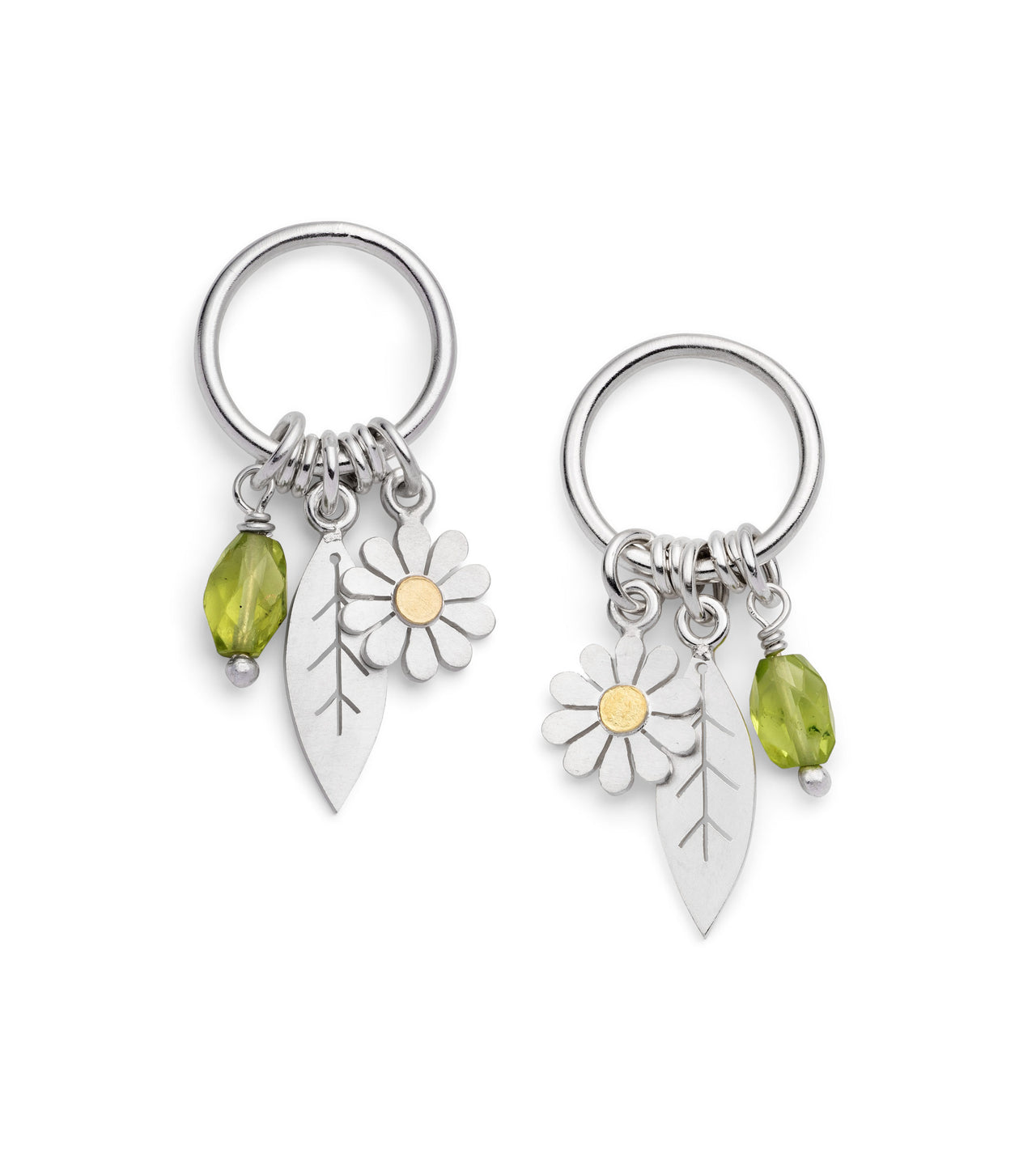 Sterling Silver Drop Charm Stud Earrings, with Silver, 18ct Gold & Peridot Charms