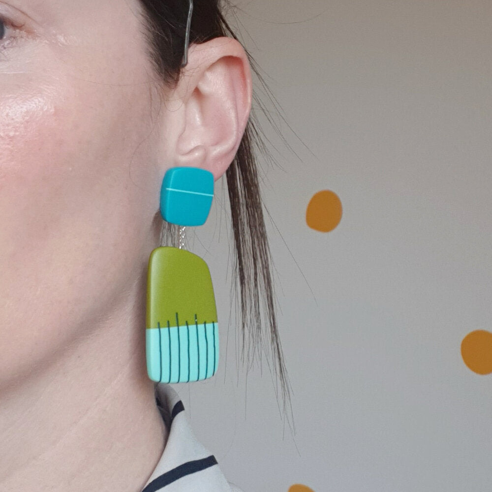 Large Resin Brush Earrings - Green & Turquoise With Rail Blue Stripes