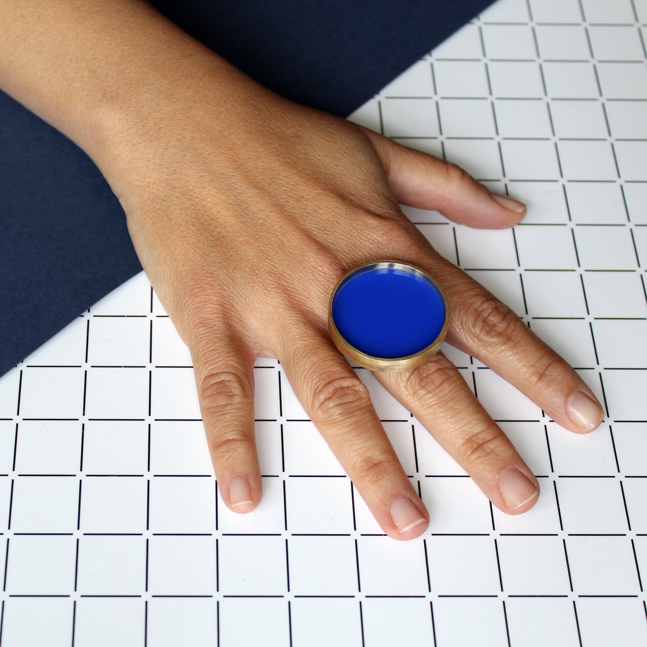 Brushed Brass Blue Circle Ring