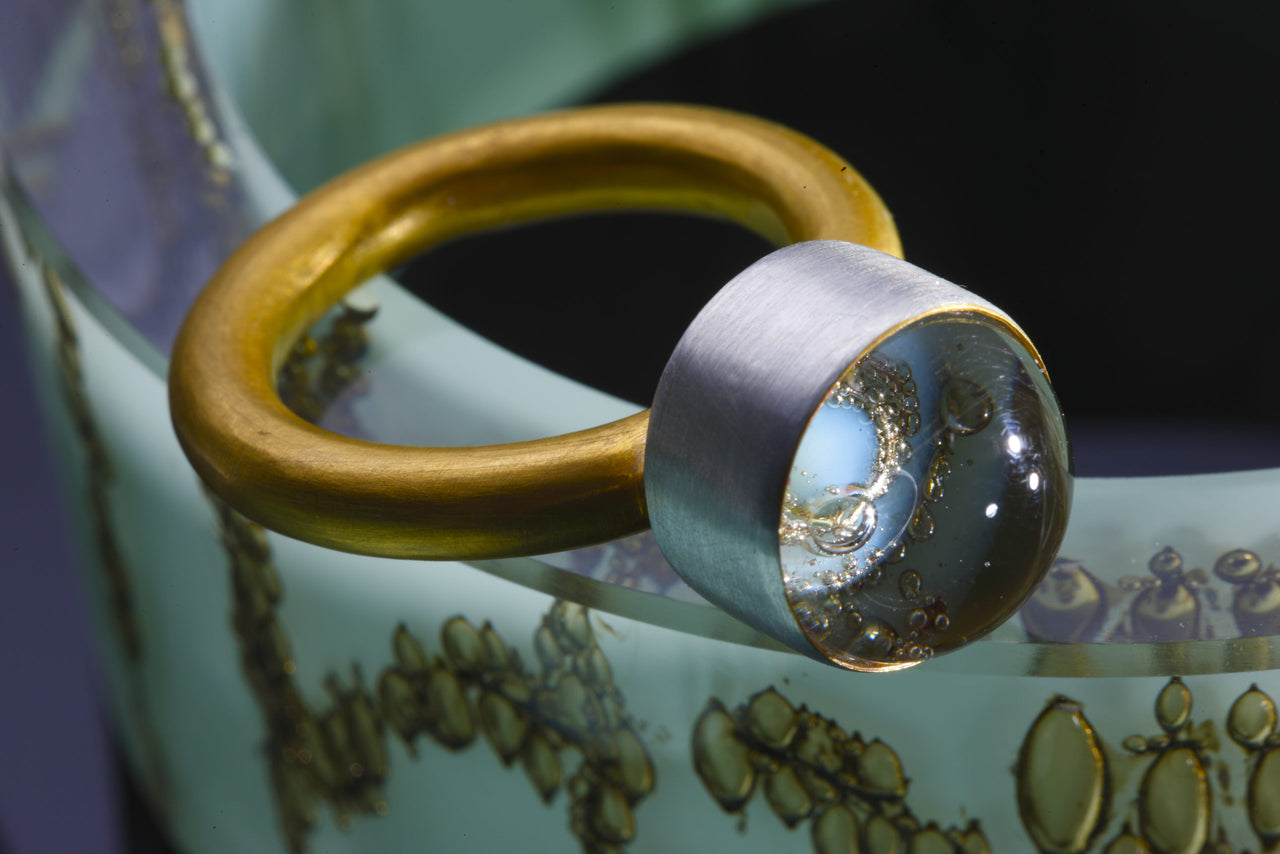 Silver, Gold Plate & Glass Ring