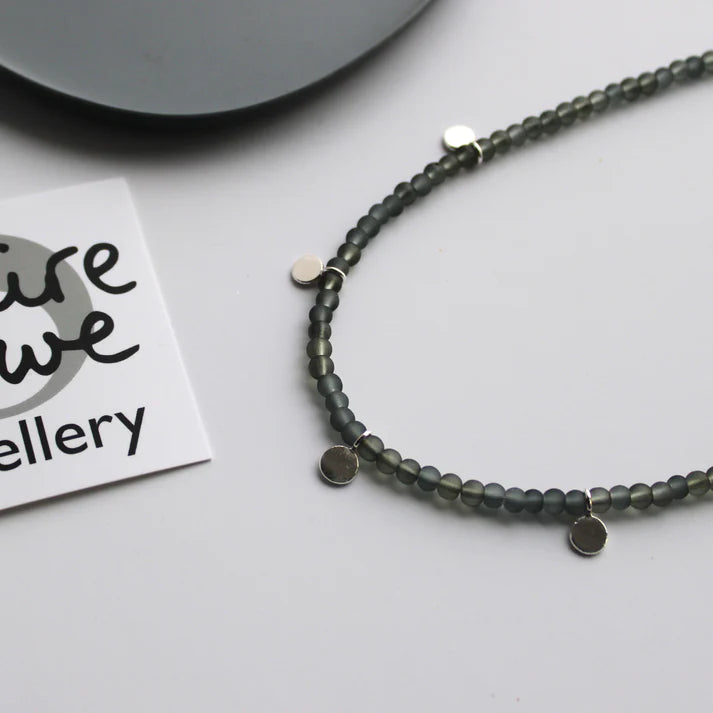 Grey Glass Bead & 5 Silver Pebbles Necklace