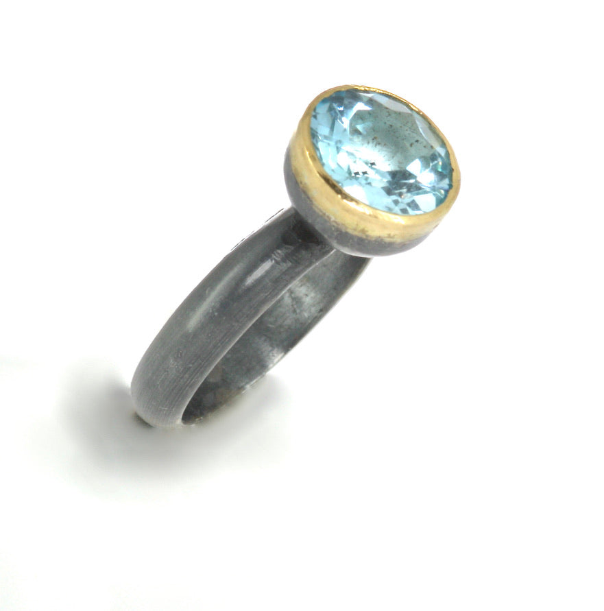 Oxidised Silver, Gold & Blue Topaz Ring