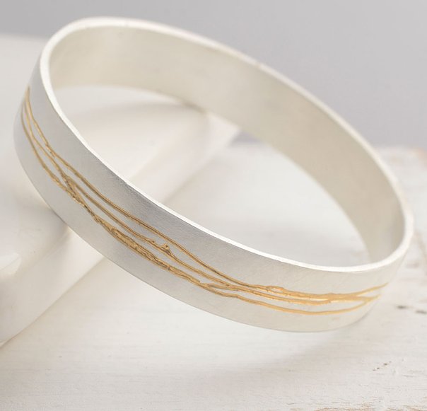 Gold Etched Silver Bangle Wide