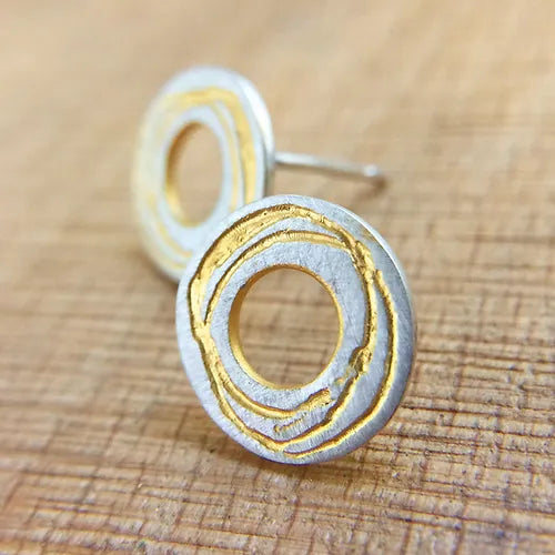 Circular Silver Earrings with Gold Etching