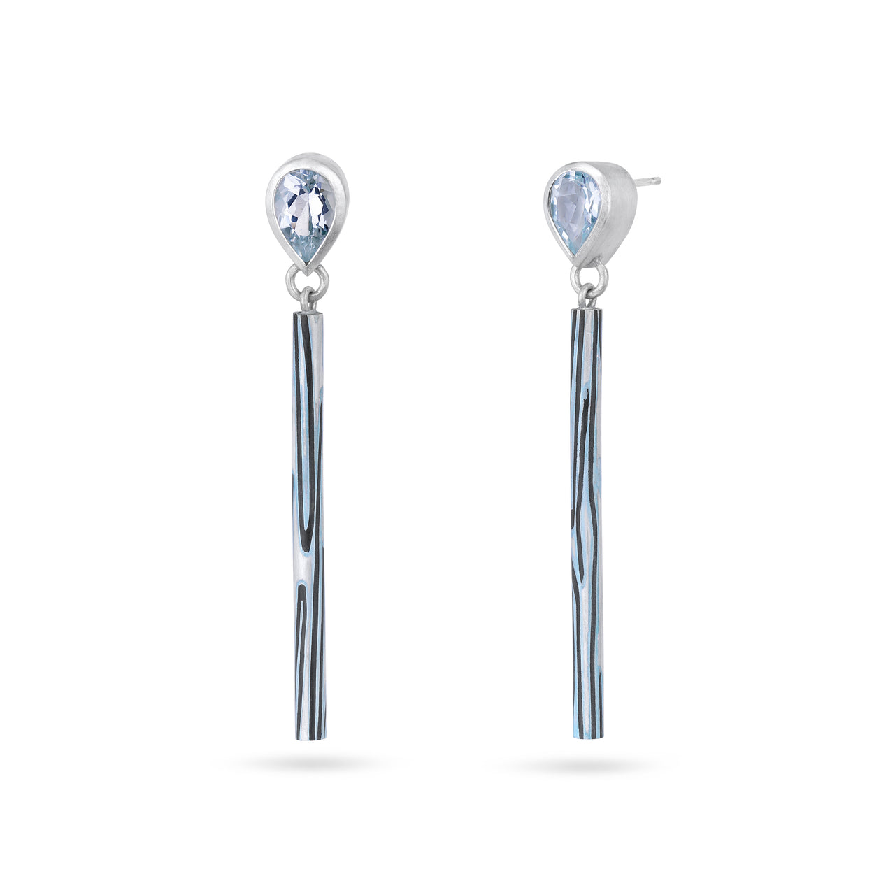 Aquamarine Pear Earrings with Inlaid Tubular Drops