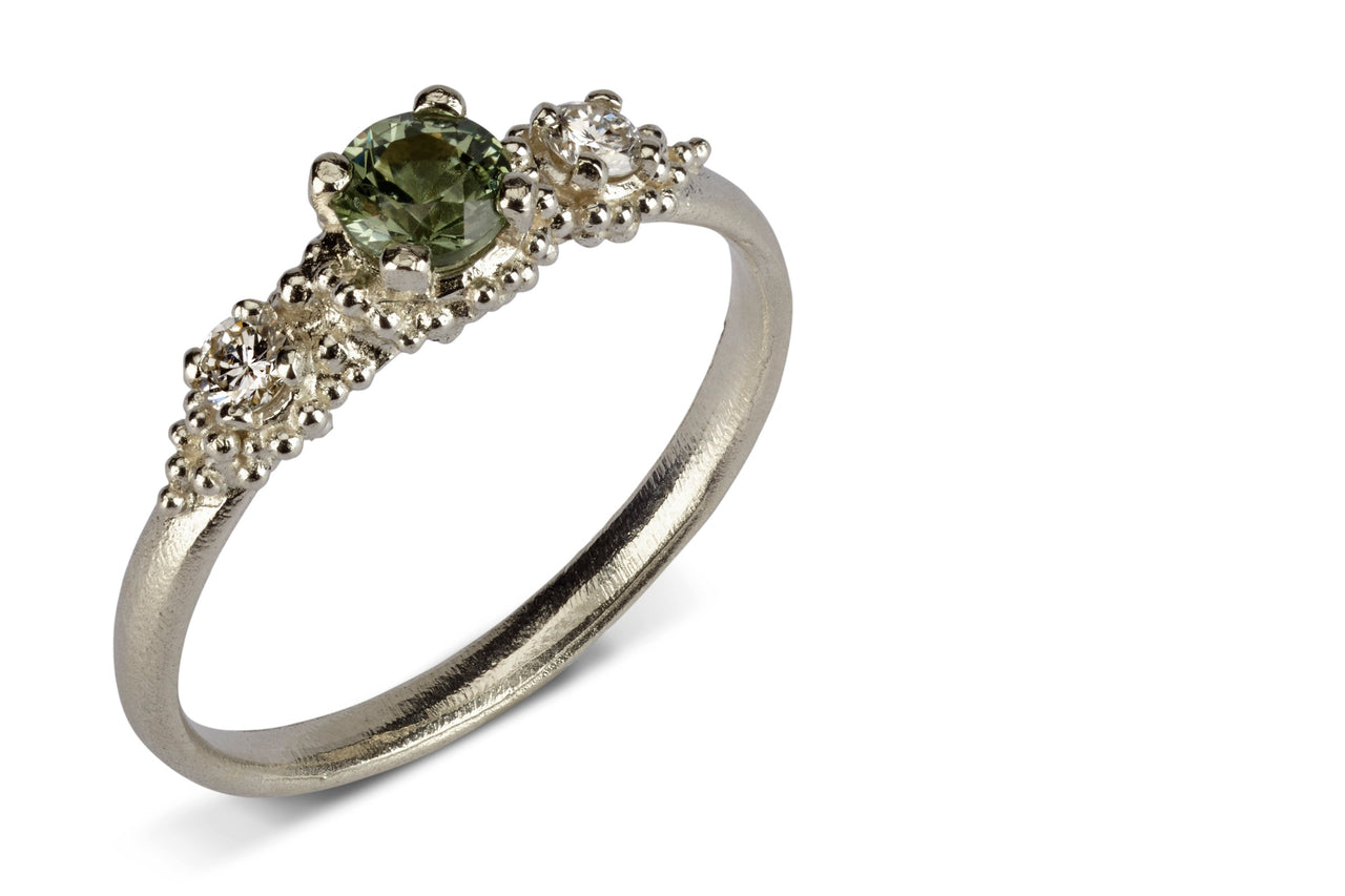 Triple Cluster Ring Green Sapphire and Diamond