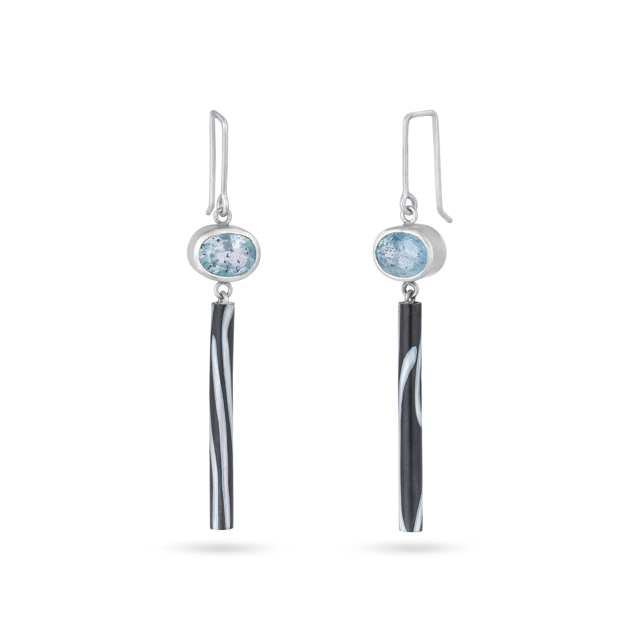 Salt and Pepper Aquamarine Earrings with Inlaid Tubular Drops