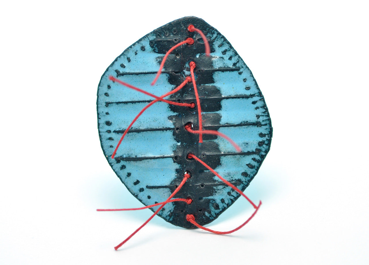 Powder Blue Brooch with Red Thread