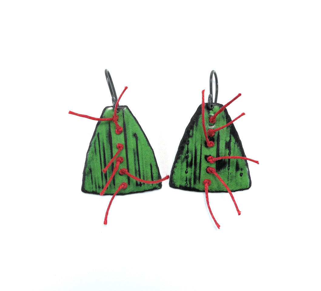Green Enamel / Linen Thread Earrings