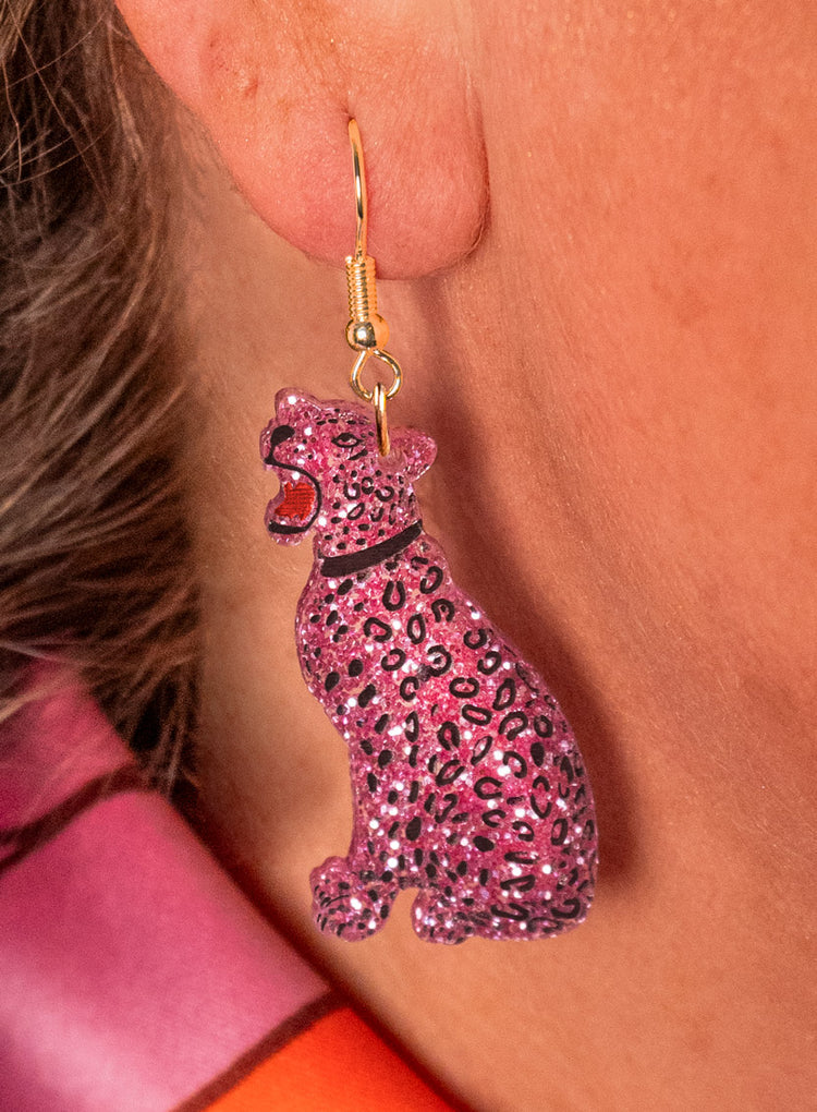 Pink glitter leopard earrings