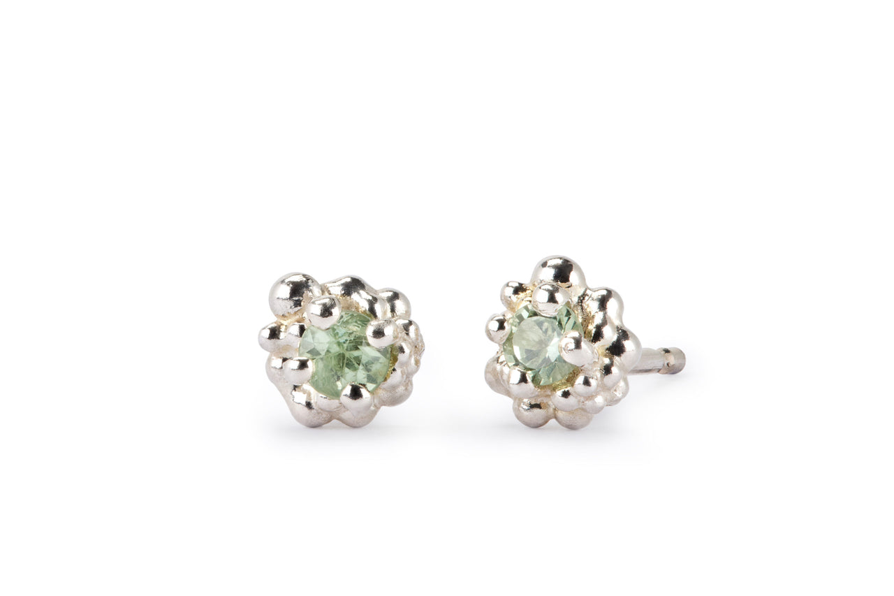 Silver & Green Sapphire Cluster Stud Earrings