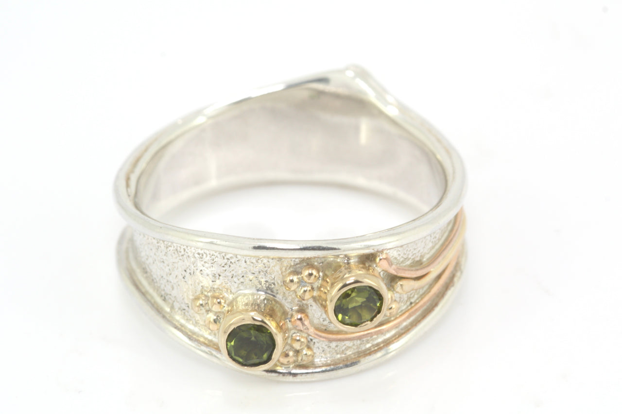 Green Tourmaline, Silver and Gold Reticulated Ring