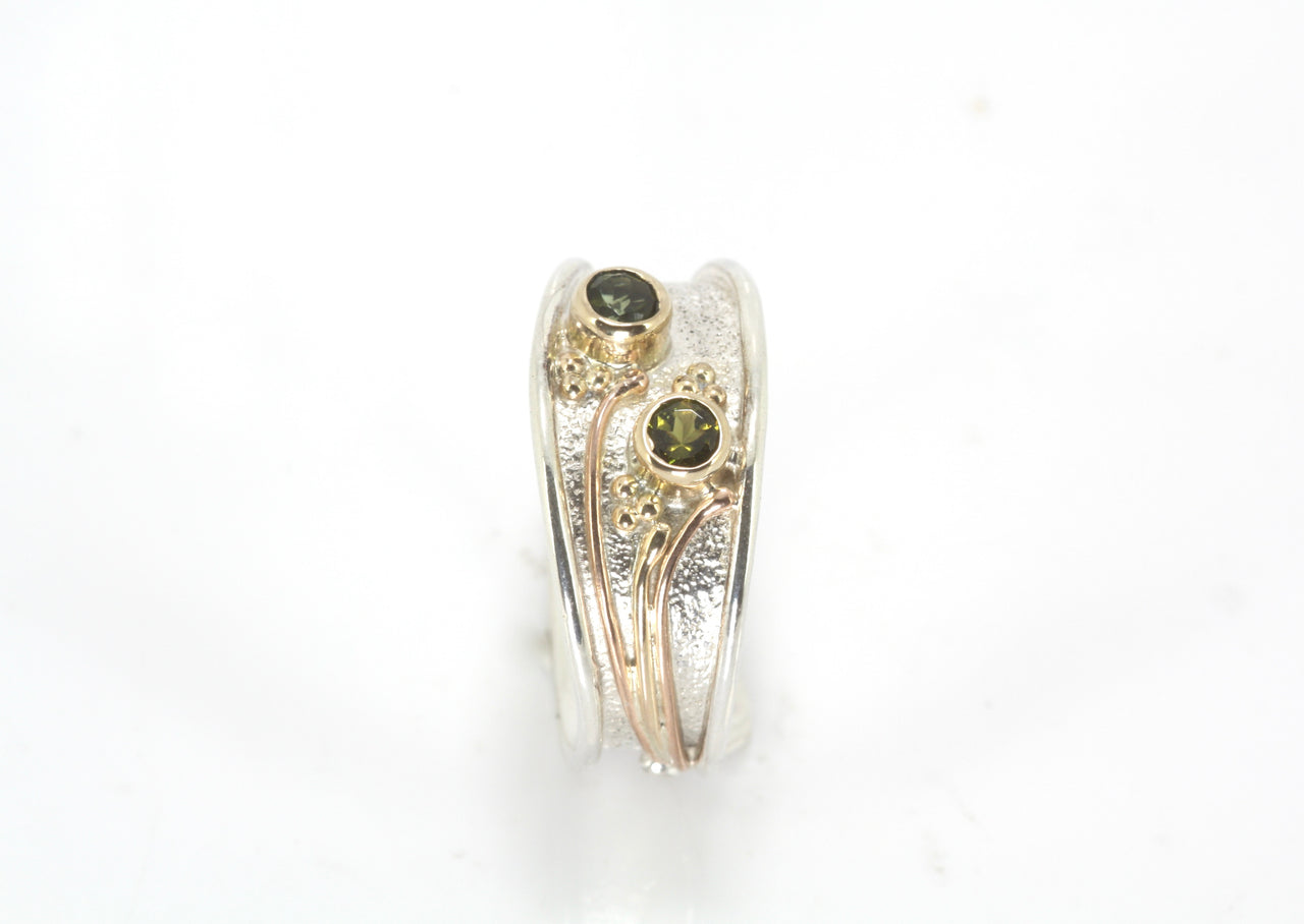 Green Tourmaline, Silver and Gold Reticulated Ring