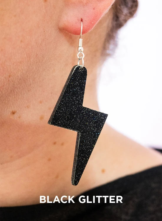 Large black glitter lightning bolt earrings