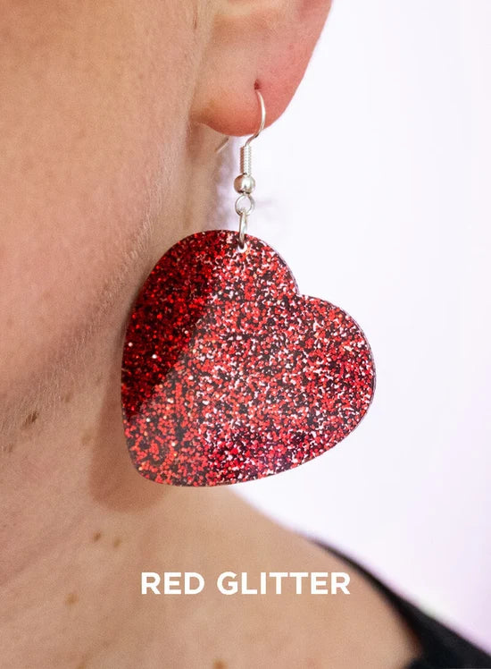 Large red glitter heart charm earrings