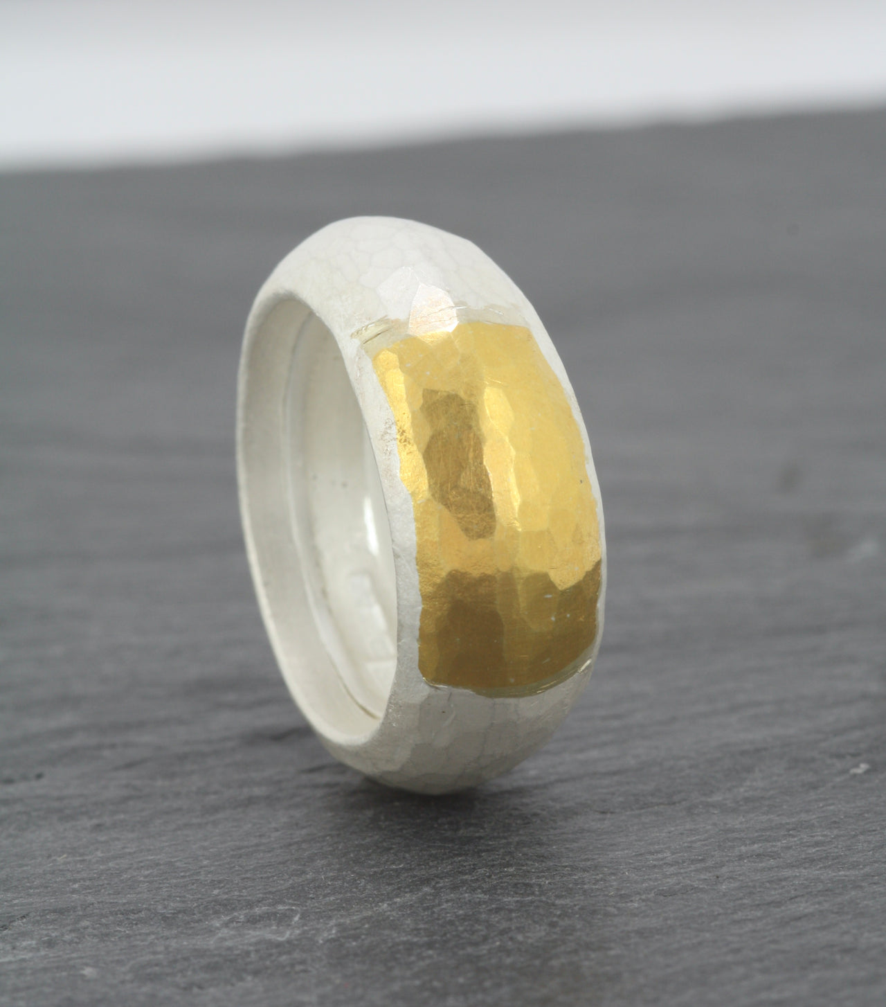 Forged fine silver ring with 22ct gold detail