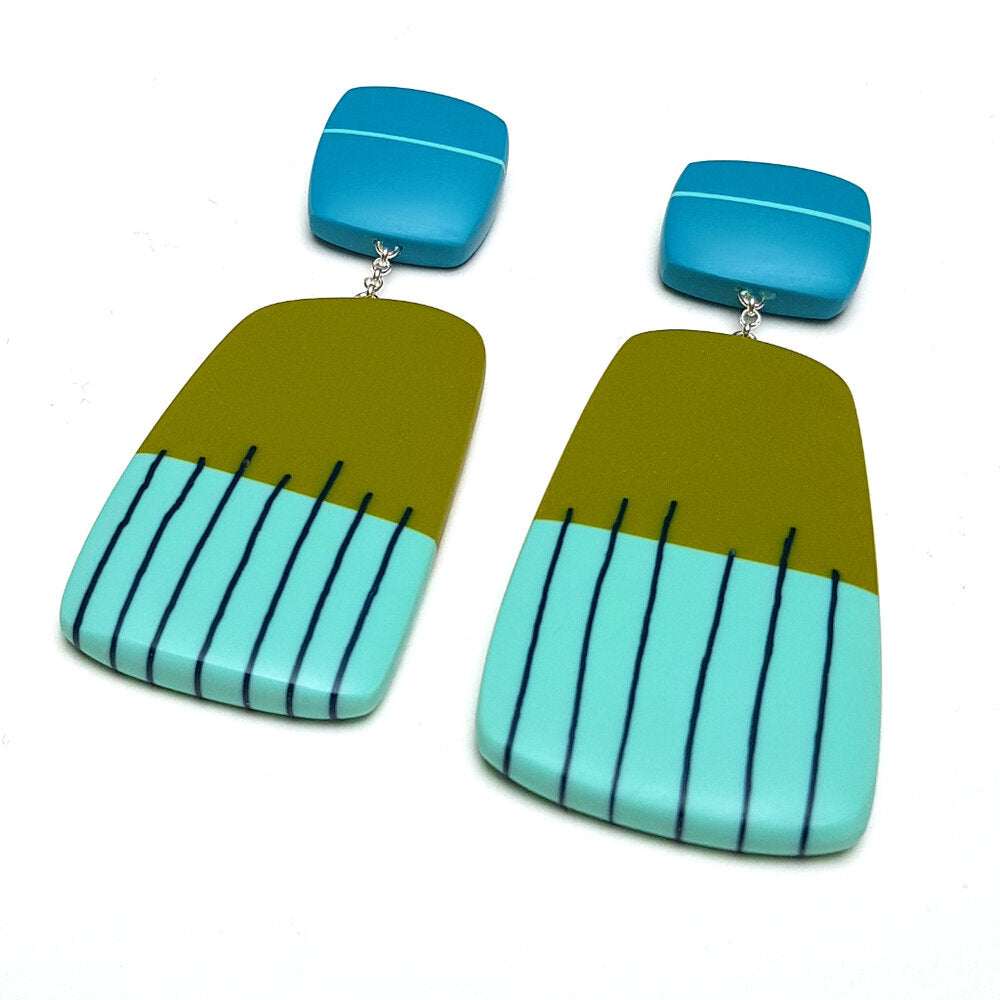 Large Resin Brush Earrings - Green & Turquoise With Rail Blue Stripes