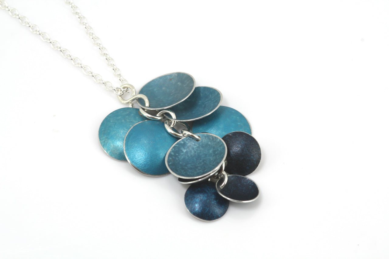 Blue, Grey Blue and Petrol 10 Disk Cluster Necklace