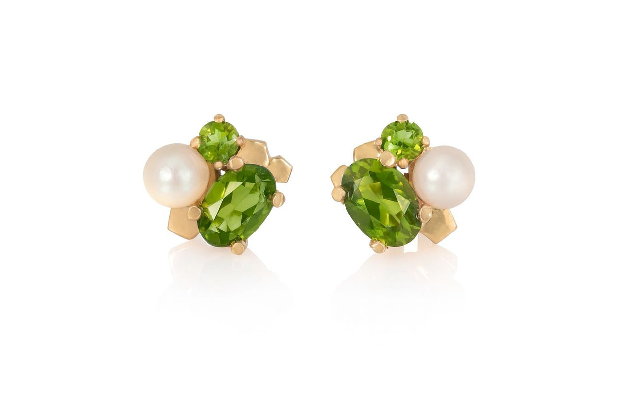 Peridot and Pearl Cluster Earrings