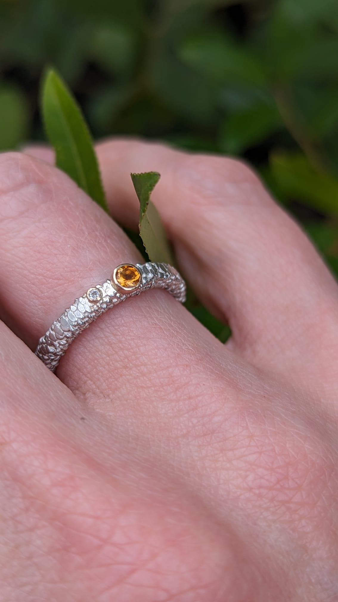 9ct Gold and Silver Pressed Catkin In Flower Citrine & Diamond Ring