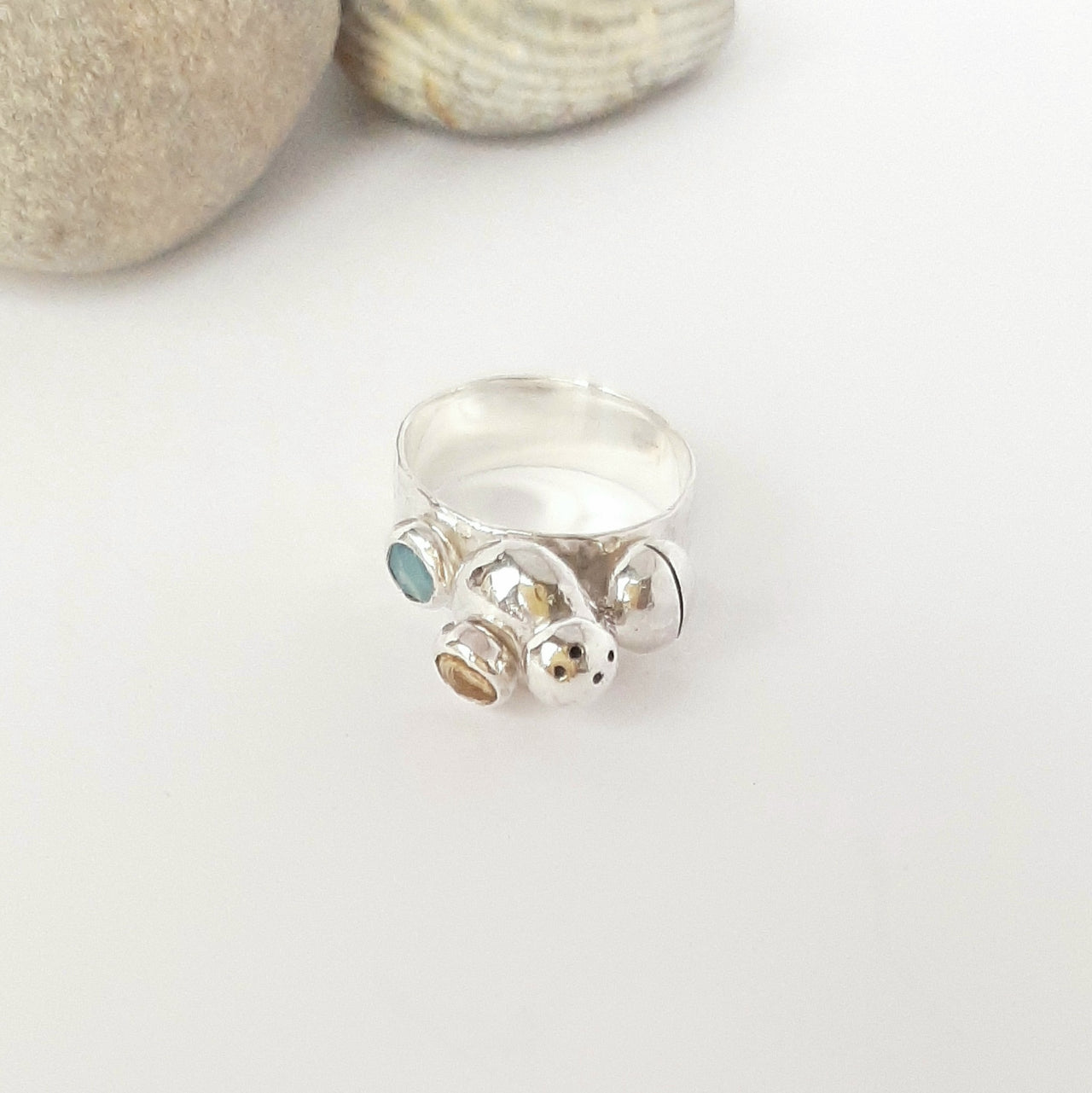 Silver Rockpool Ring - Citrine & Chalcedony