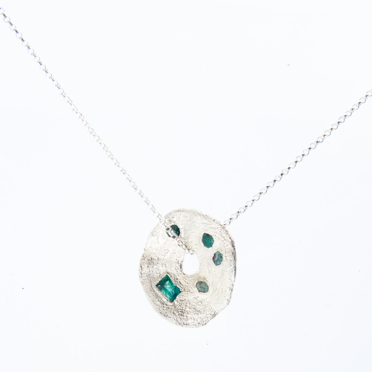 Silver Circle Pendant with Emeralds