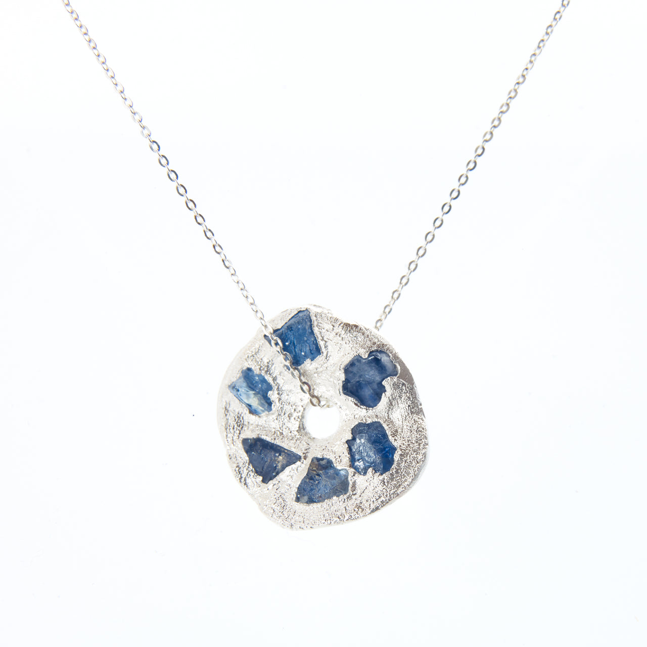 Silver Circle Pendant- Rough Blue Sapphires